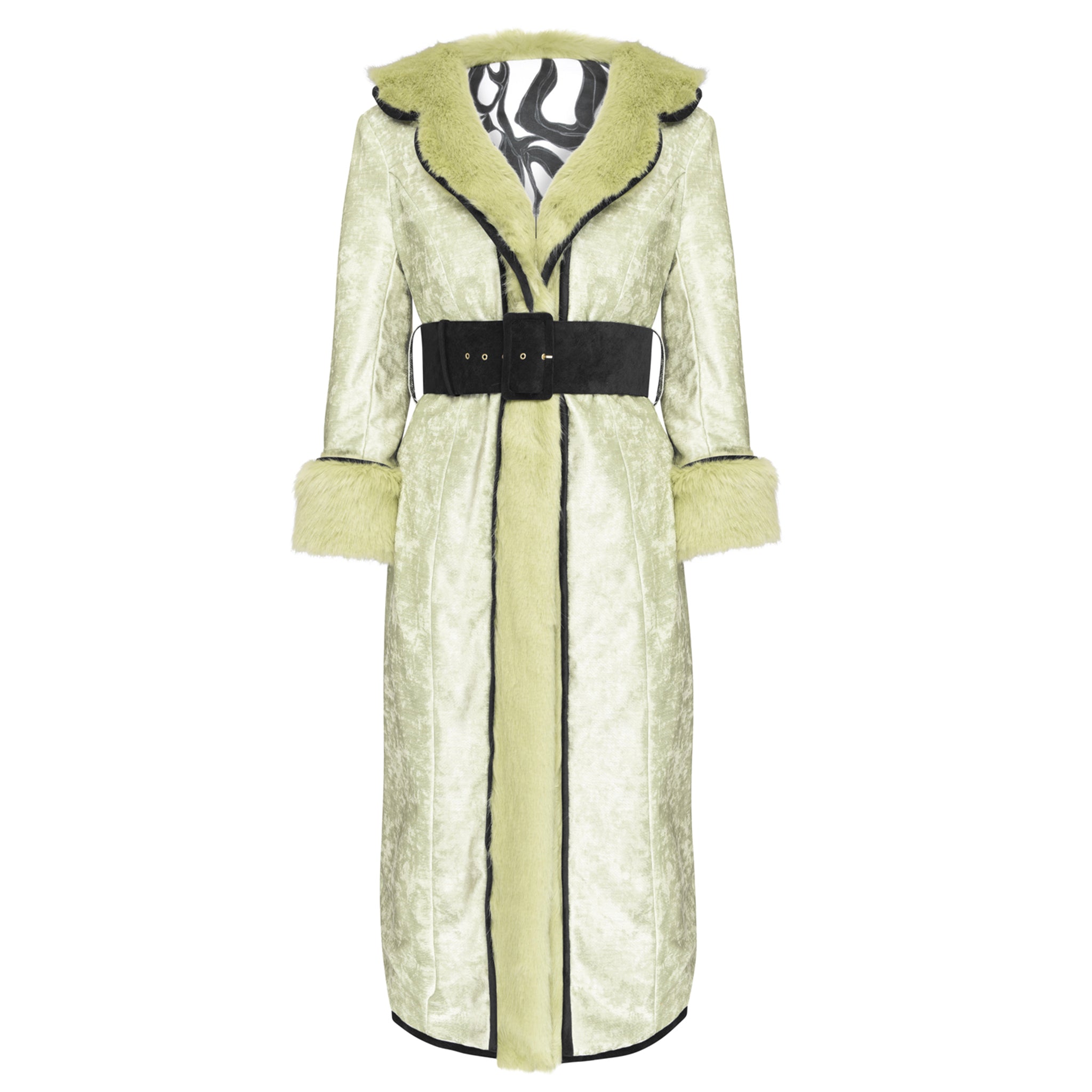 ELECTRA COAT SAMPLE - Pistachio Textured Velvet X B&W Swirl Print